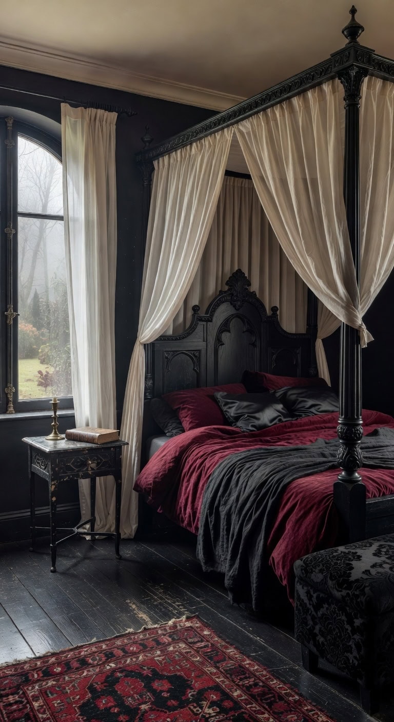 black four poster canopy bedroom drama