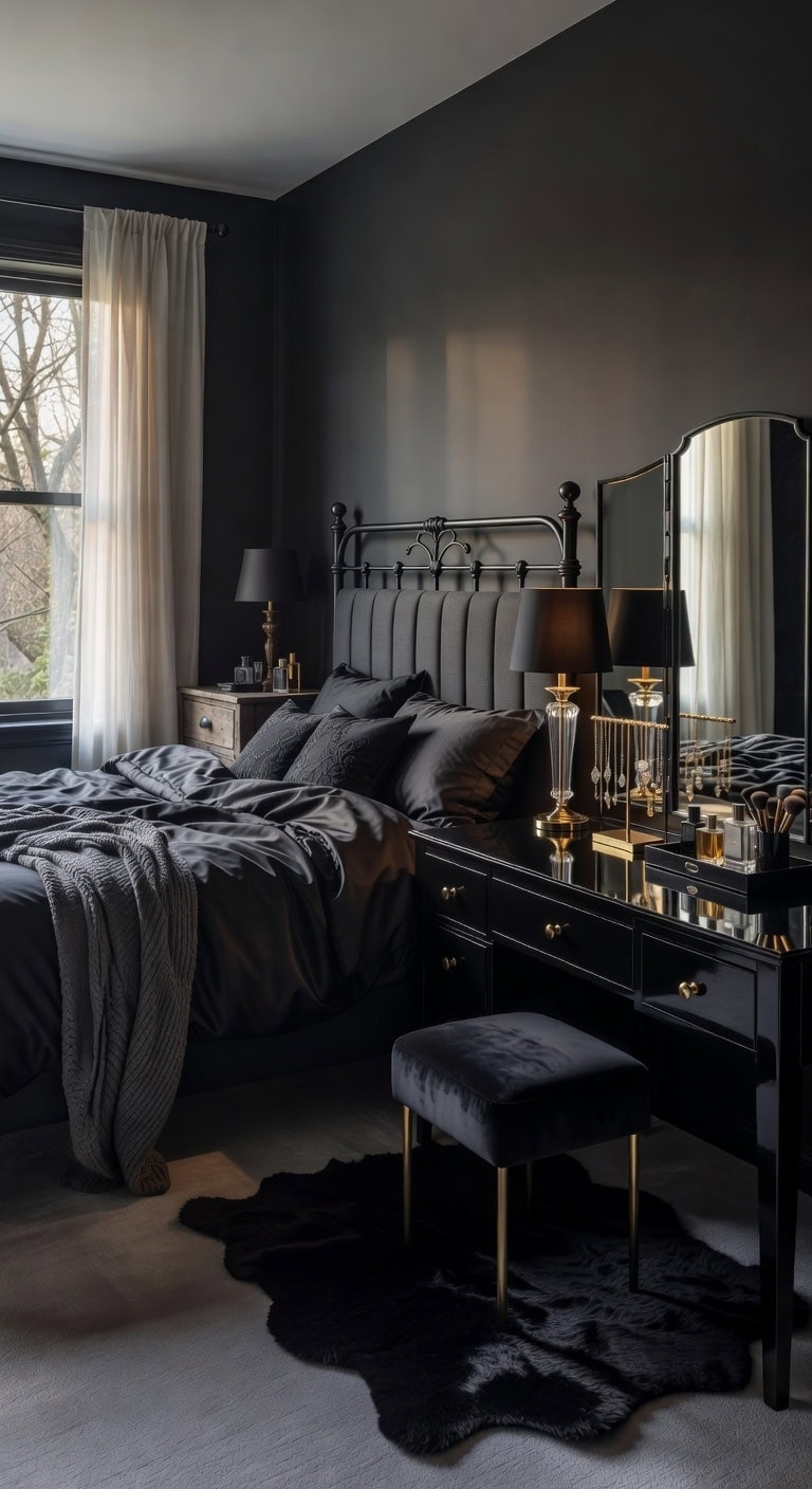 black vanity with tri fold mirror