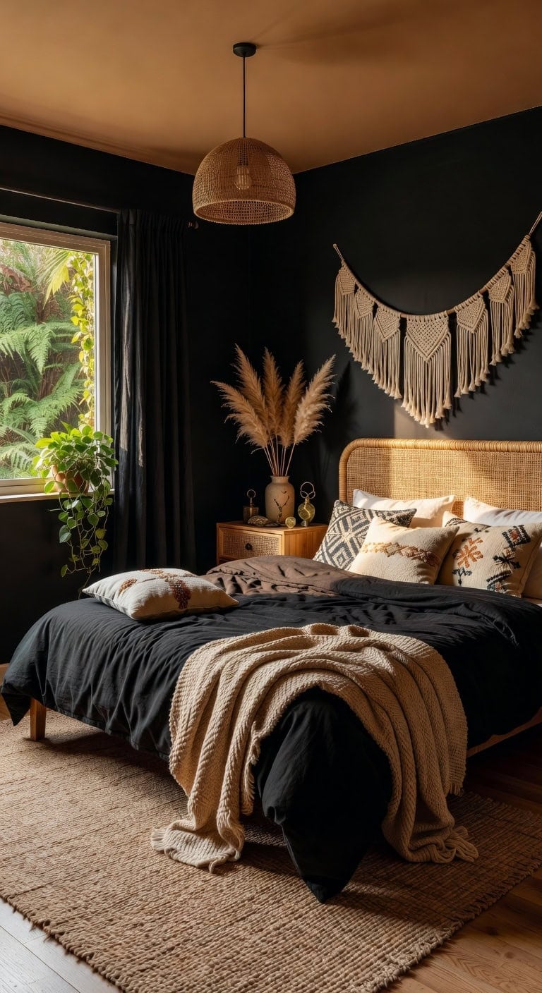 boho black bedding rattan textures