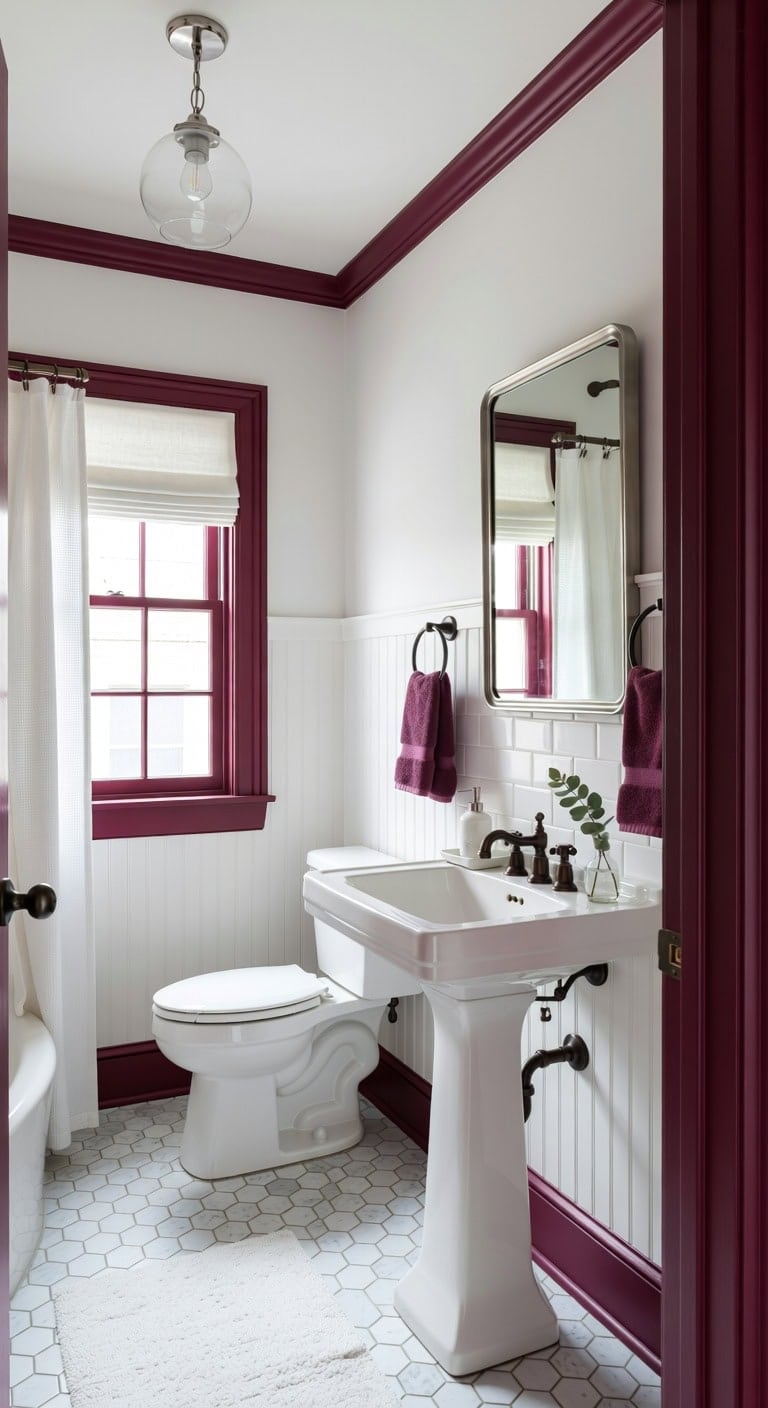 bold boysenberry trim crisp bathroom