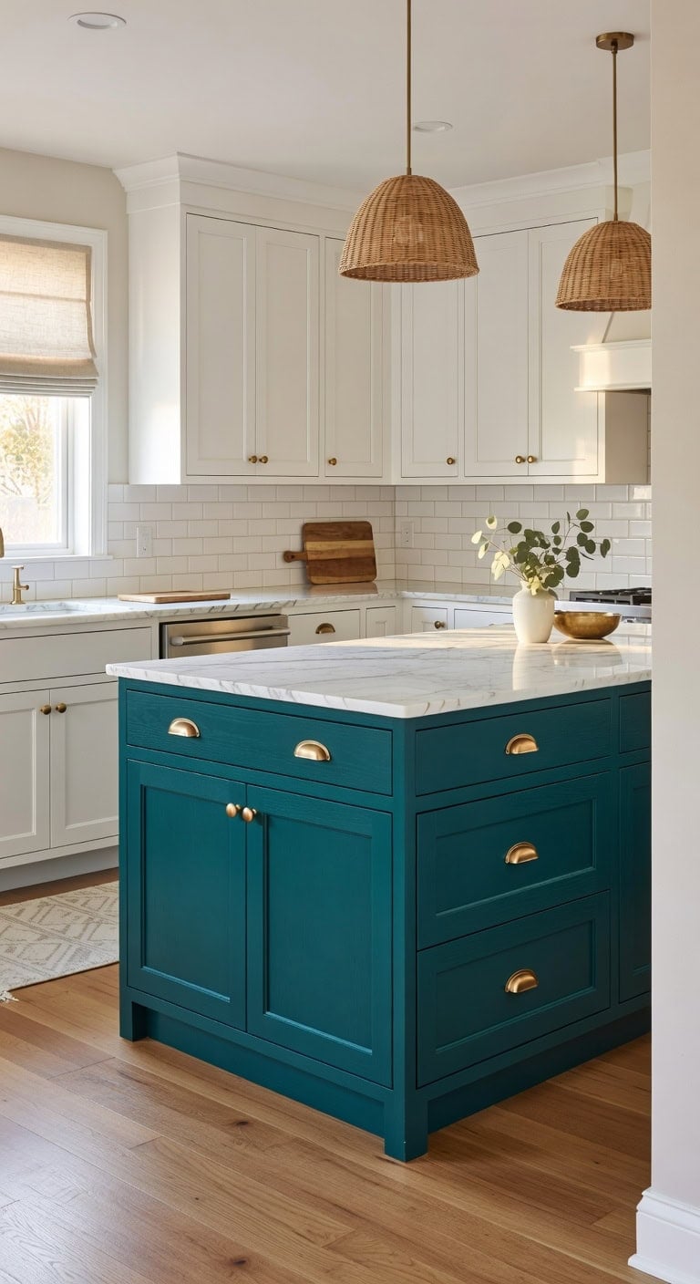 bold teal island focal point