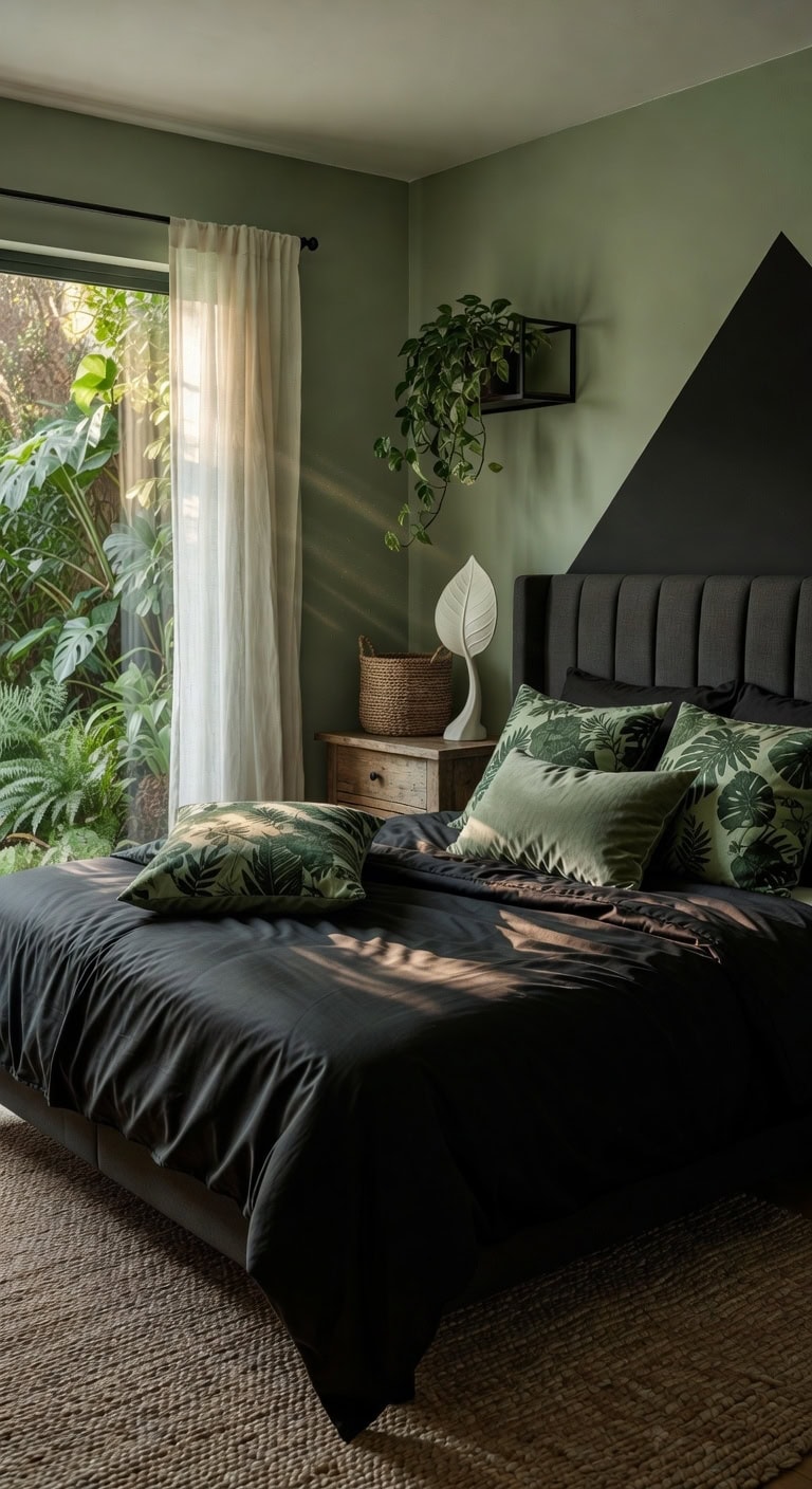 botanical contrast in serene bedroom oasis