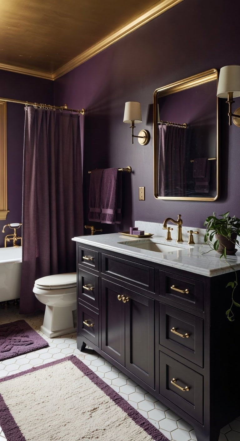 brass accents enhance cool purple tones