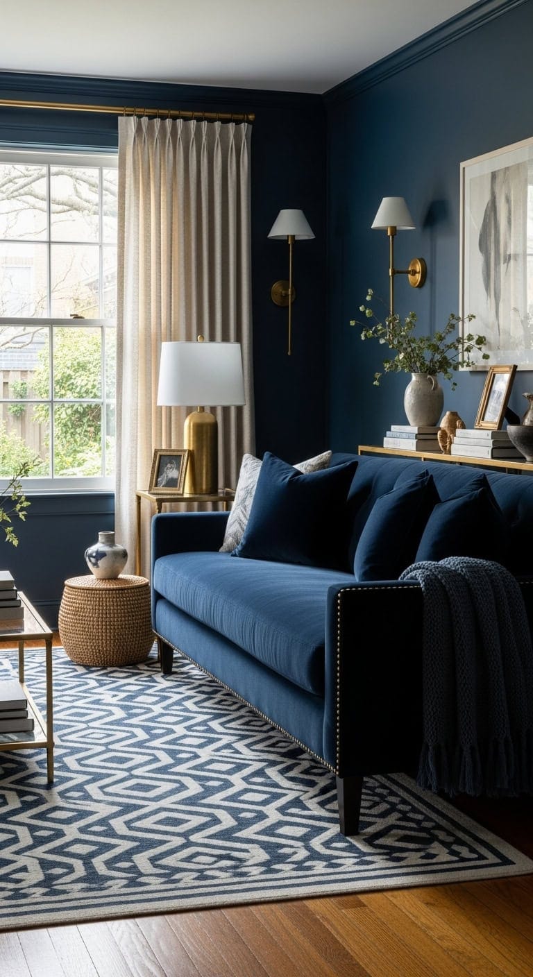 brass lighting warms navy couch setup