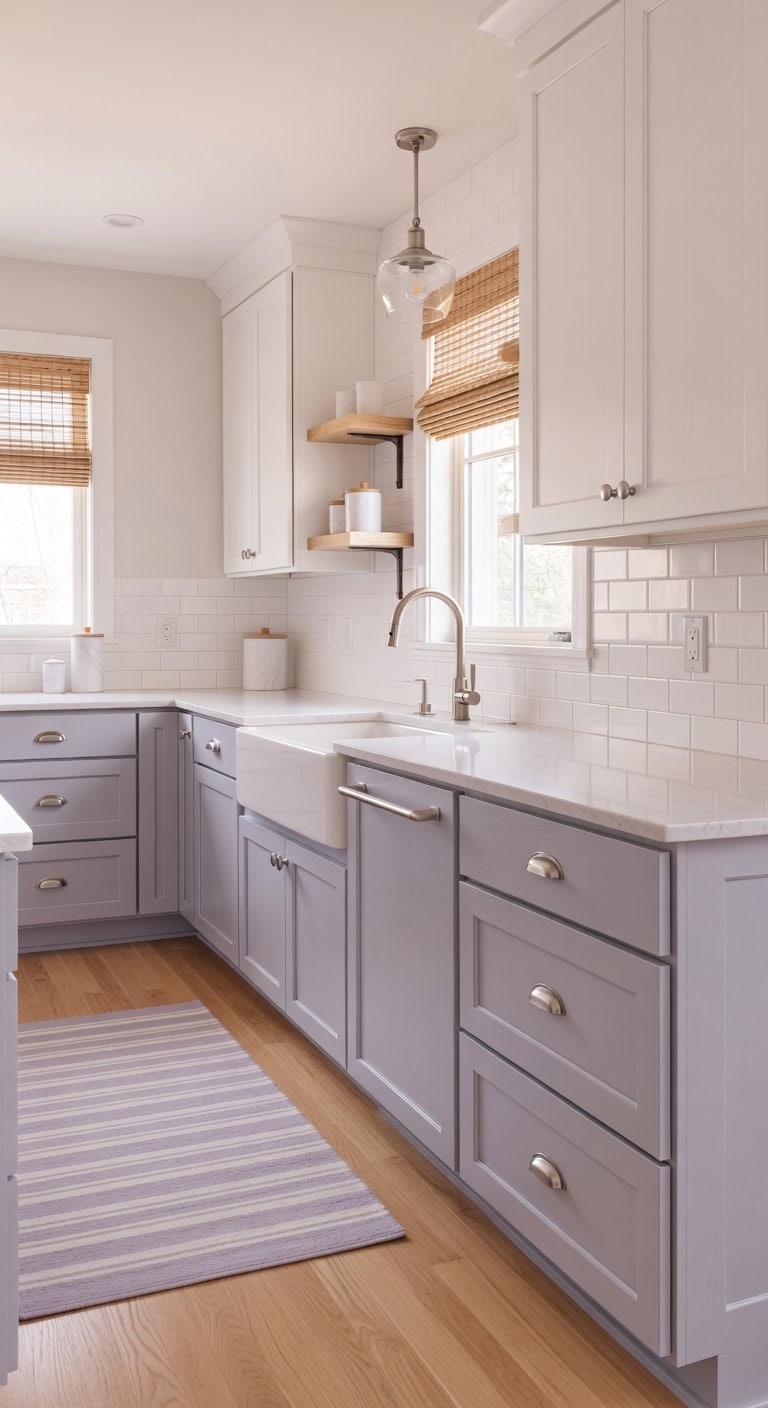 calming lavender cabinets crisp white uppers