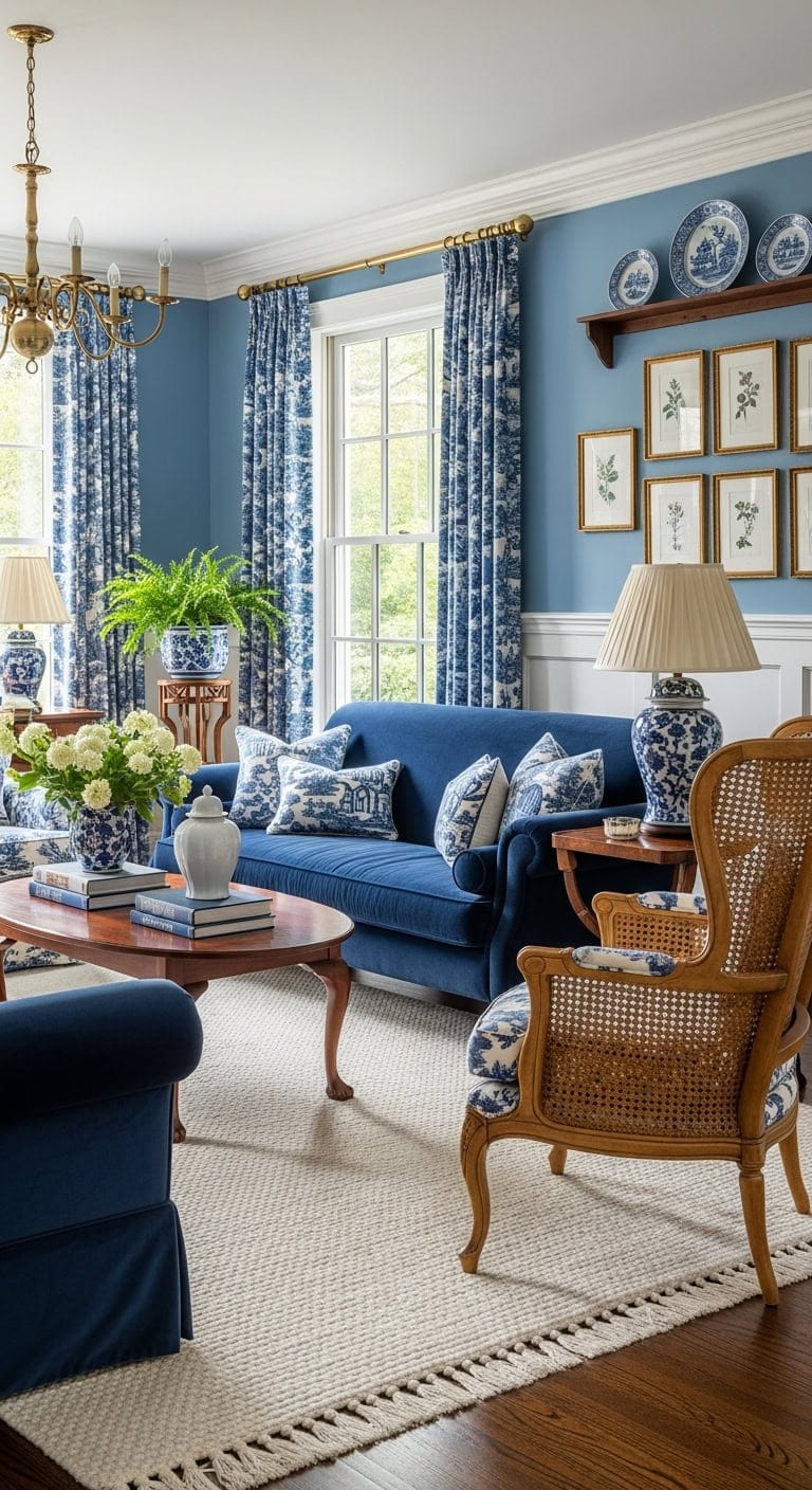 collected elegant grandmillennial blue chinoiserie living room