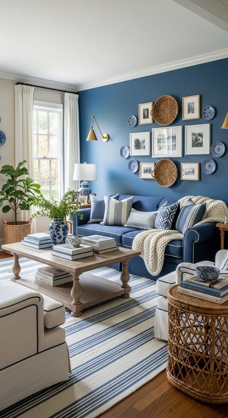 collected layered blue and white gallery wall