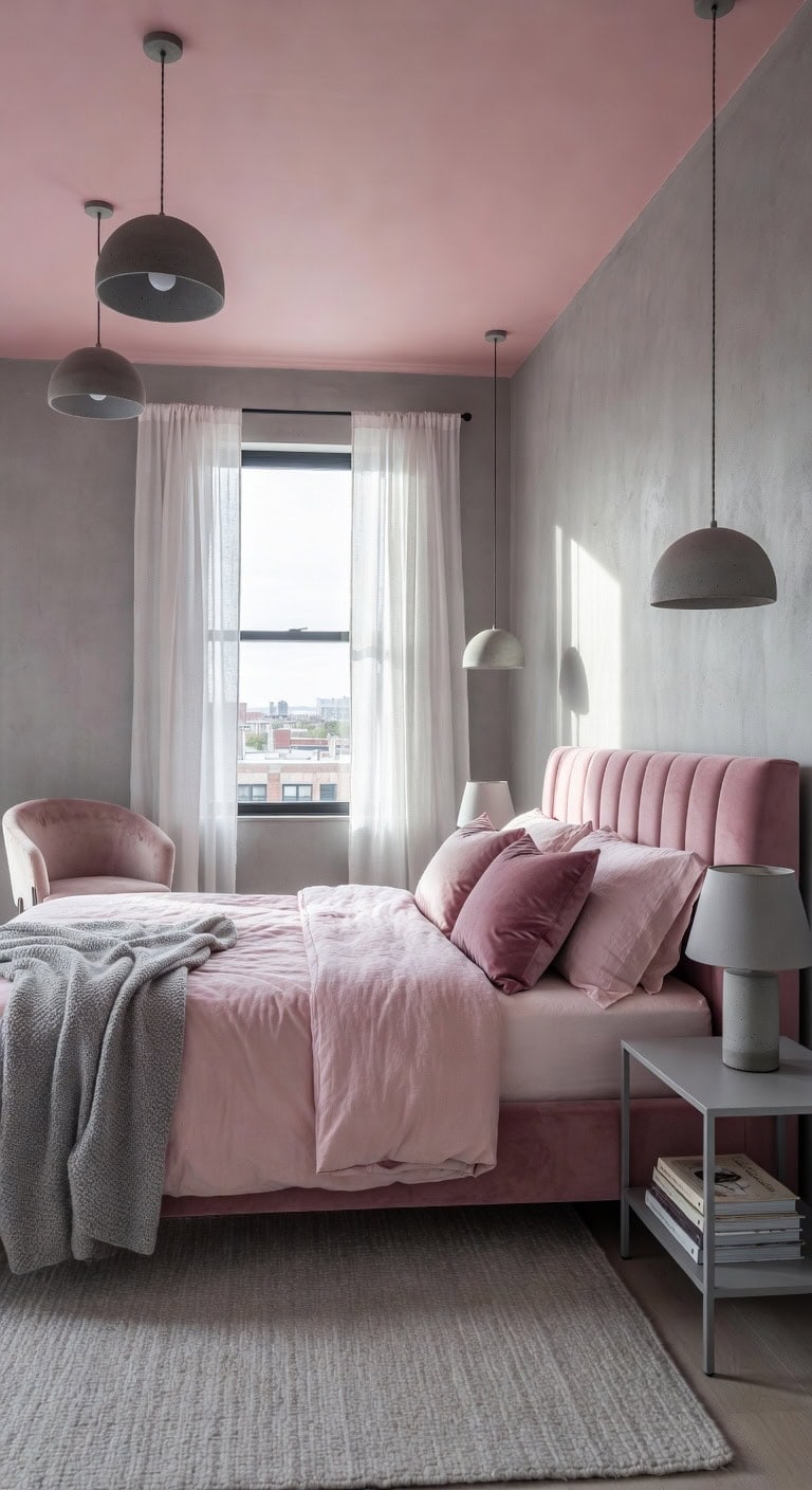 concrete pendants blush pink ceiling