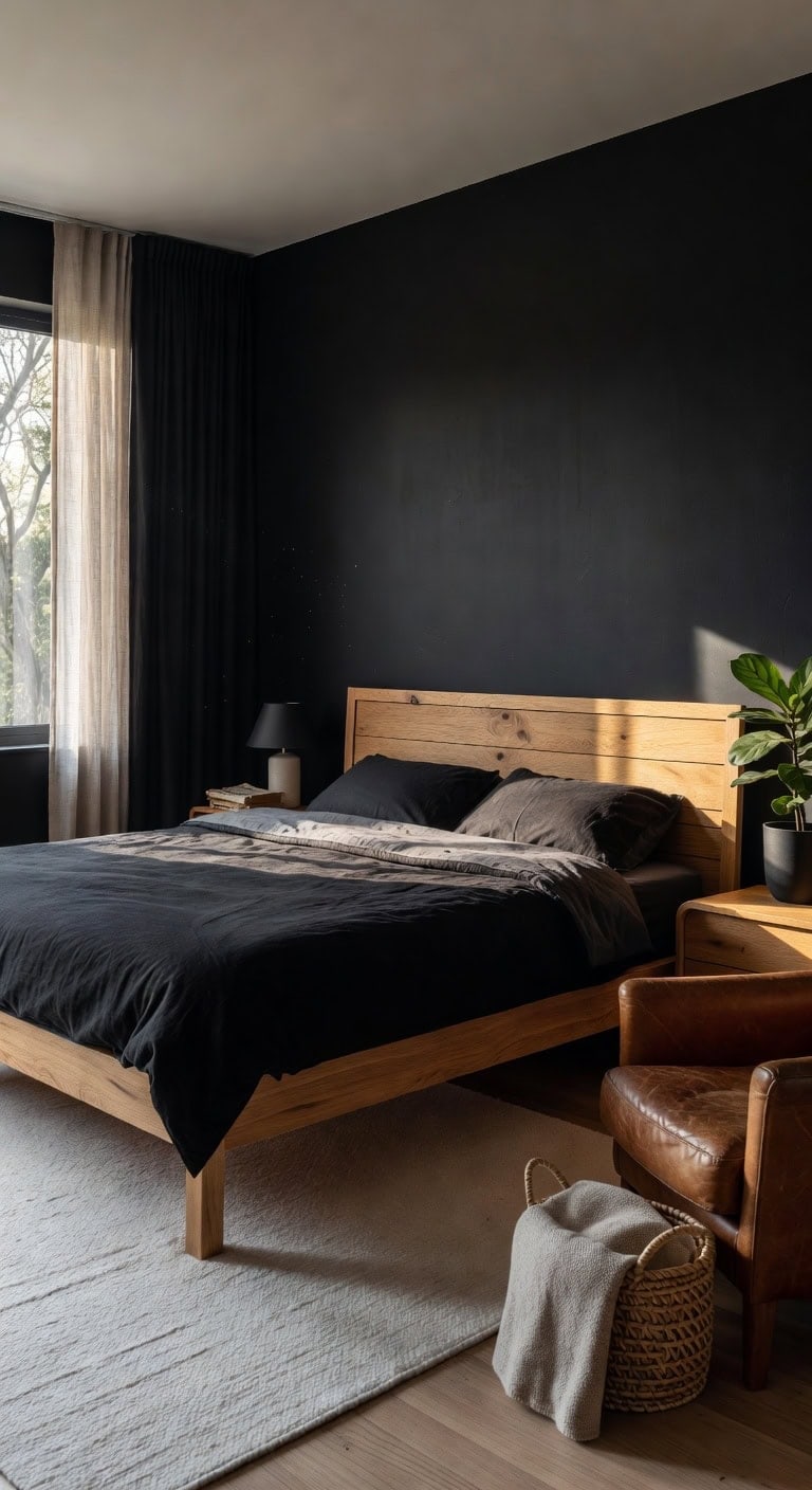 cozy black bedroom with warm wood