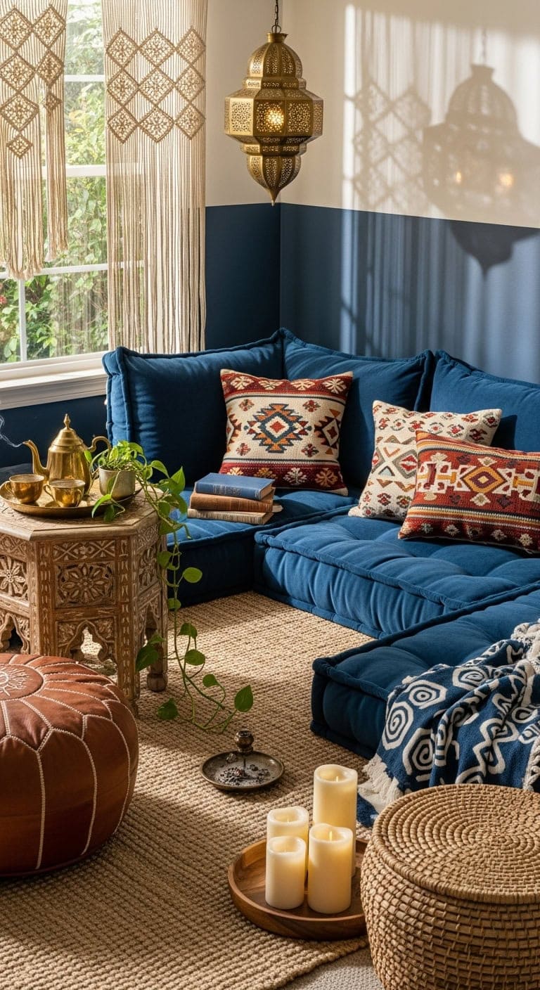 cozy bohemian indigo floor cushions
