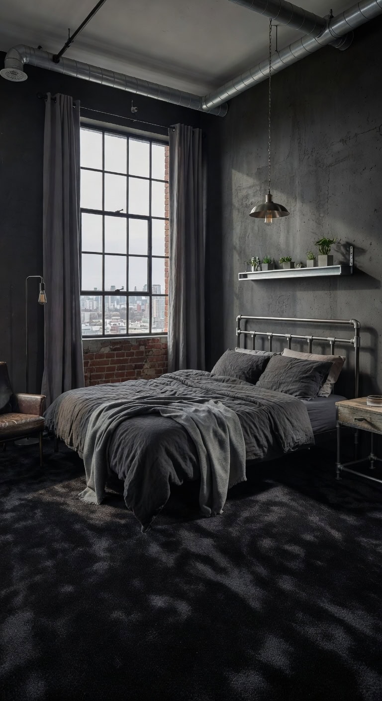 cozy industrial bedroom with raw metal