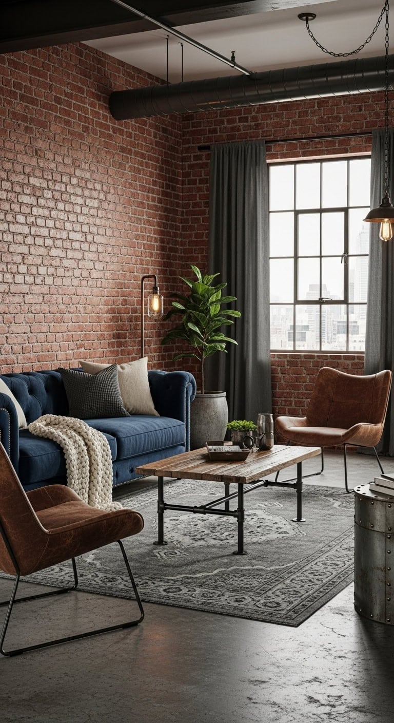 cozy industrial loft with navy seating