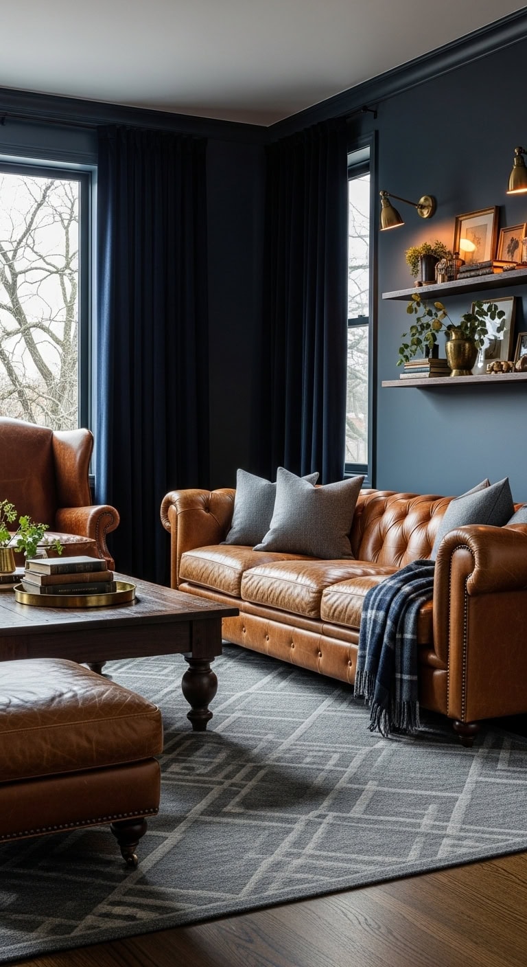 cozy layered sophisticated navy living room