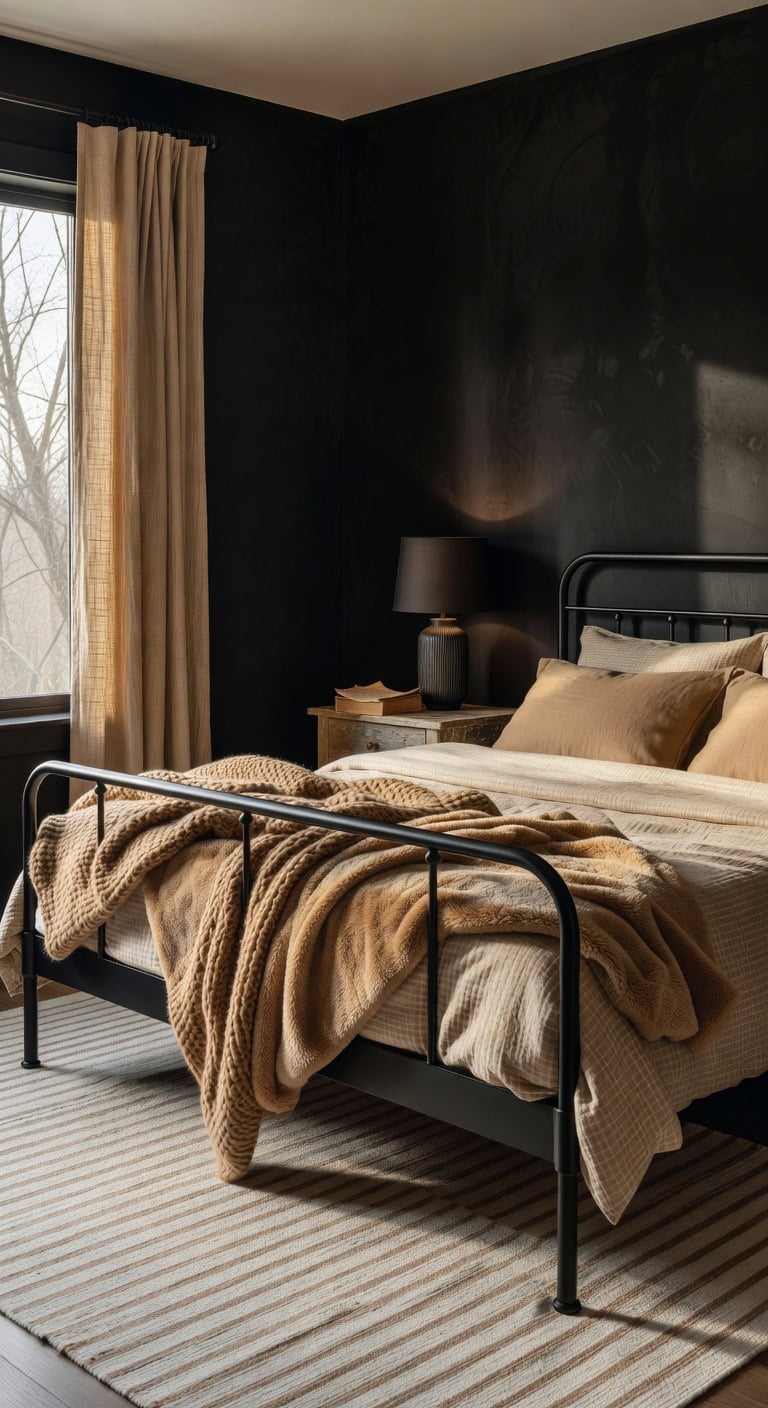 cozy neutral bedroom with dramatic accents