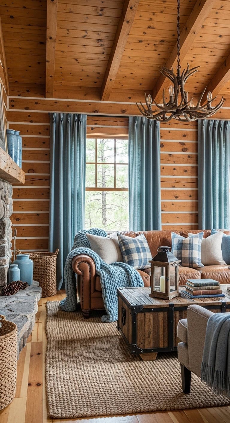 cozy rustic cabin with soft blues