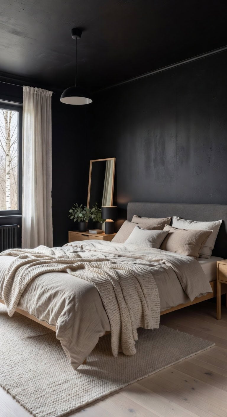 cozy scandinavian black bedroom retreat