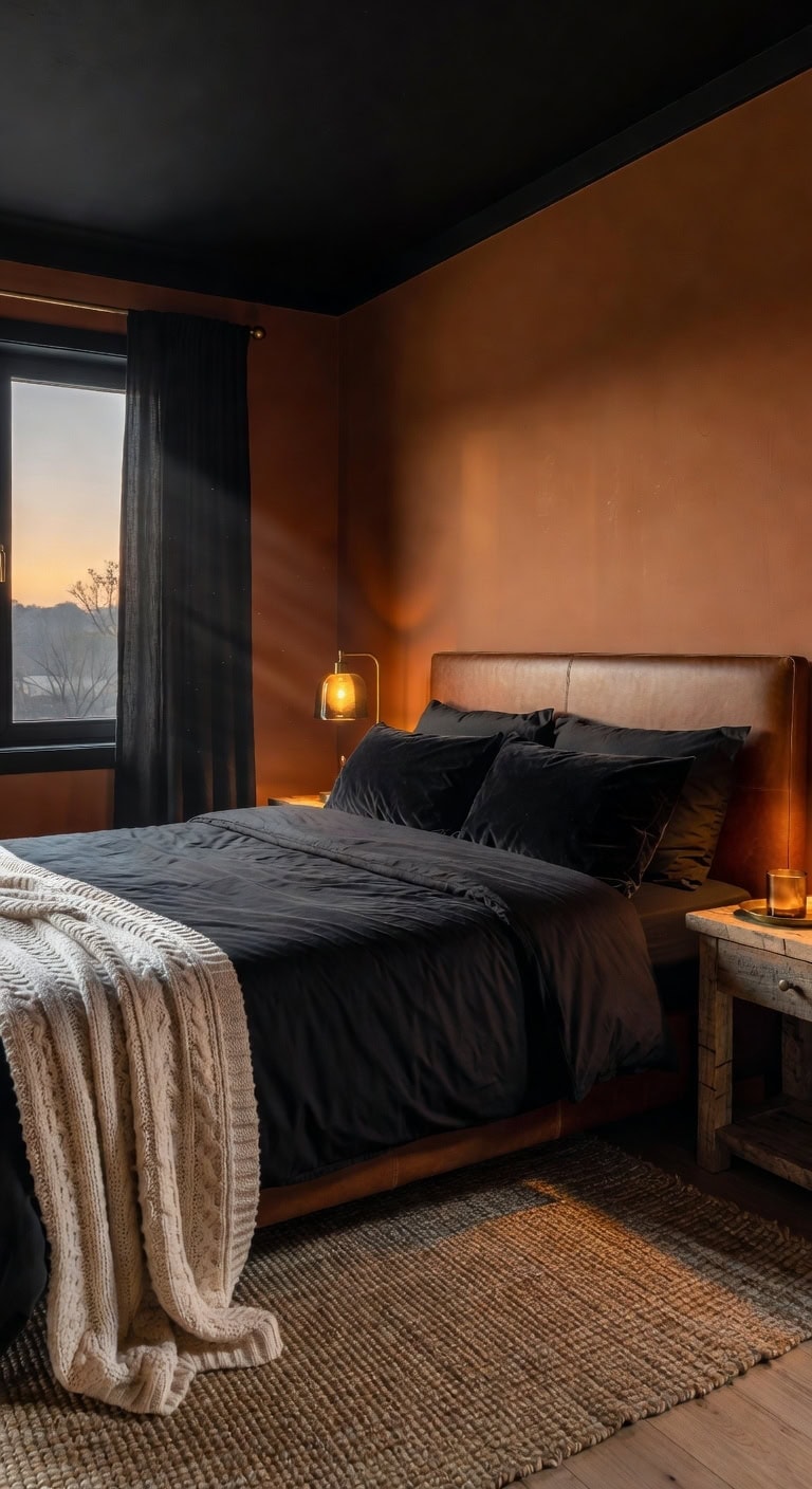 cozy sophisticated amber lit black bedroom