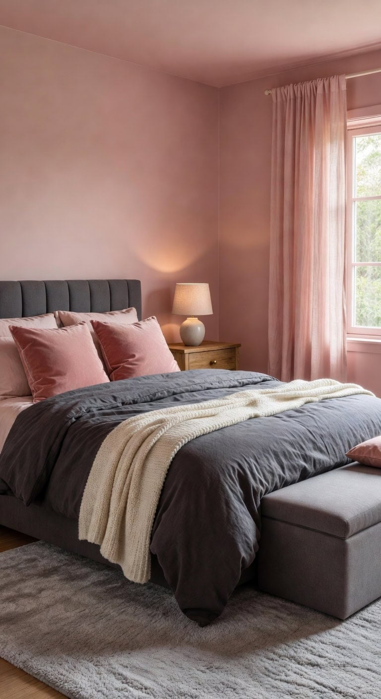 cozy sophisticated bedroom with blush and charcoal