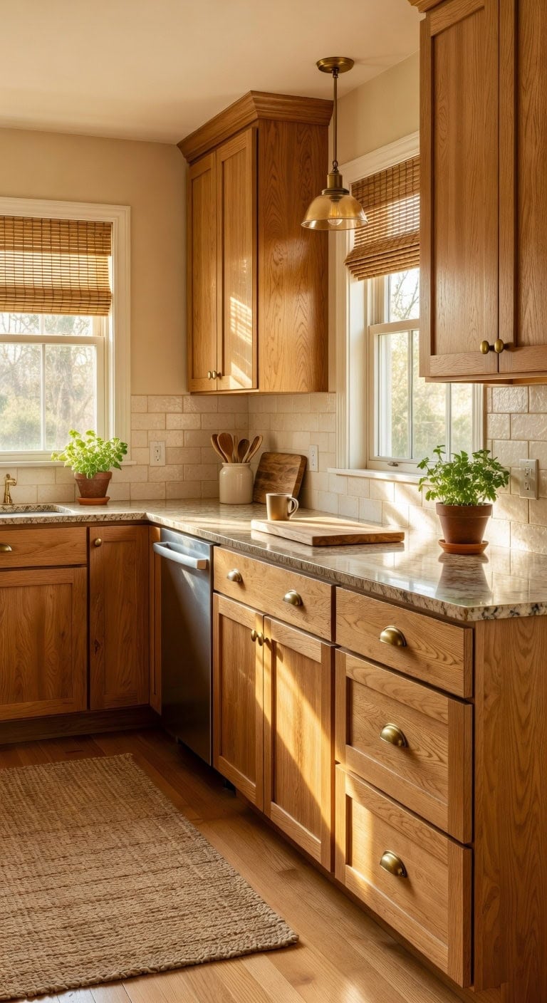 cozy sun drenched golden brown kitchen cabinets