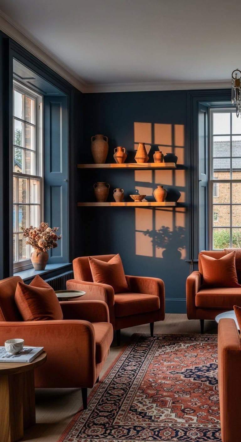 cozy terracotta accented hague blue living space