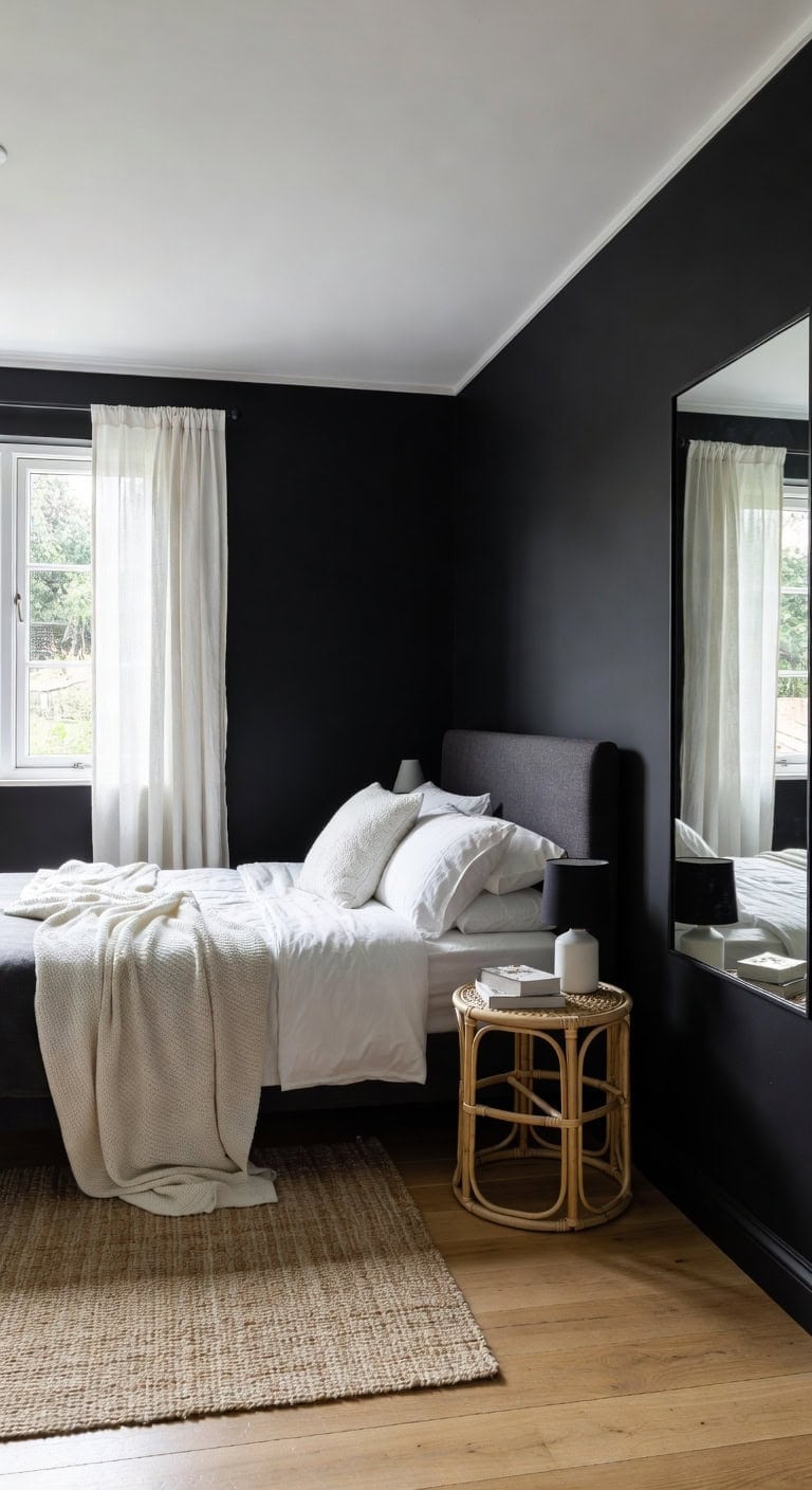 cozy yet airy black bedroom design