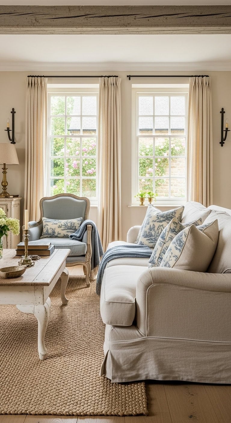 cream linens toile blue pillows