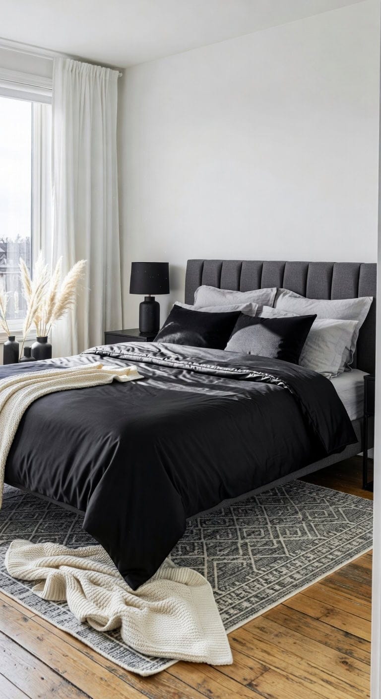 dramatic black and white bedroom contrast