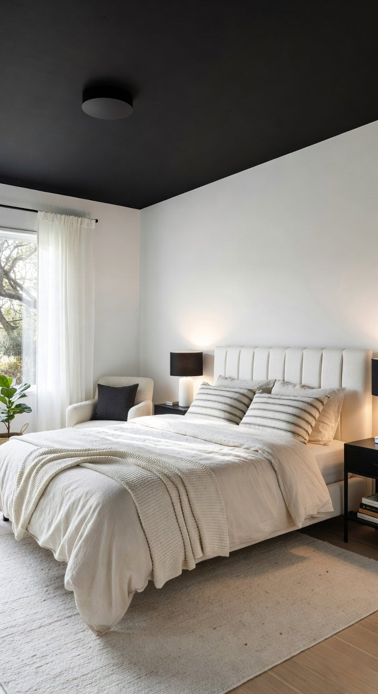 dramatic black ceiling opens up space