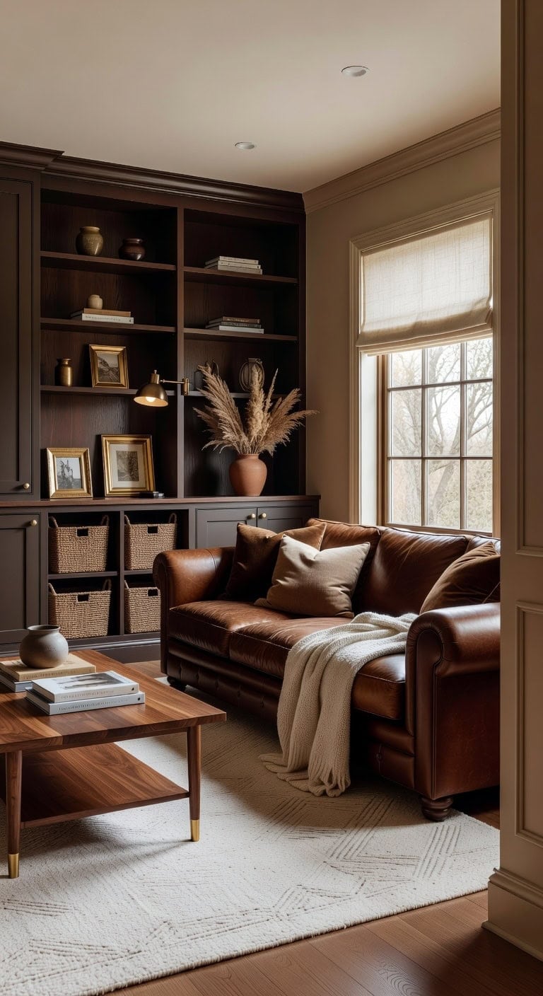 dramatic espresso built in storage solutions