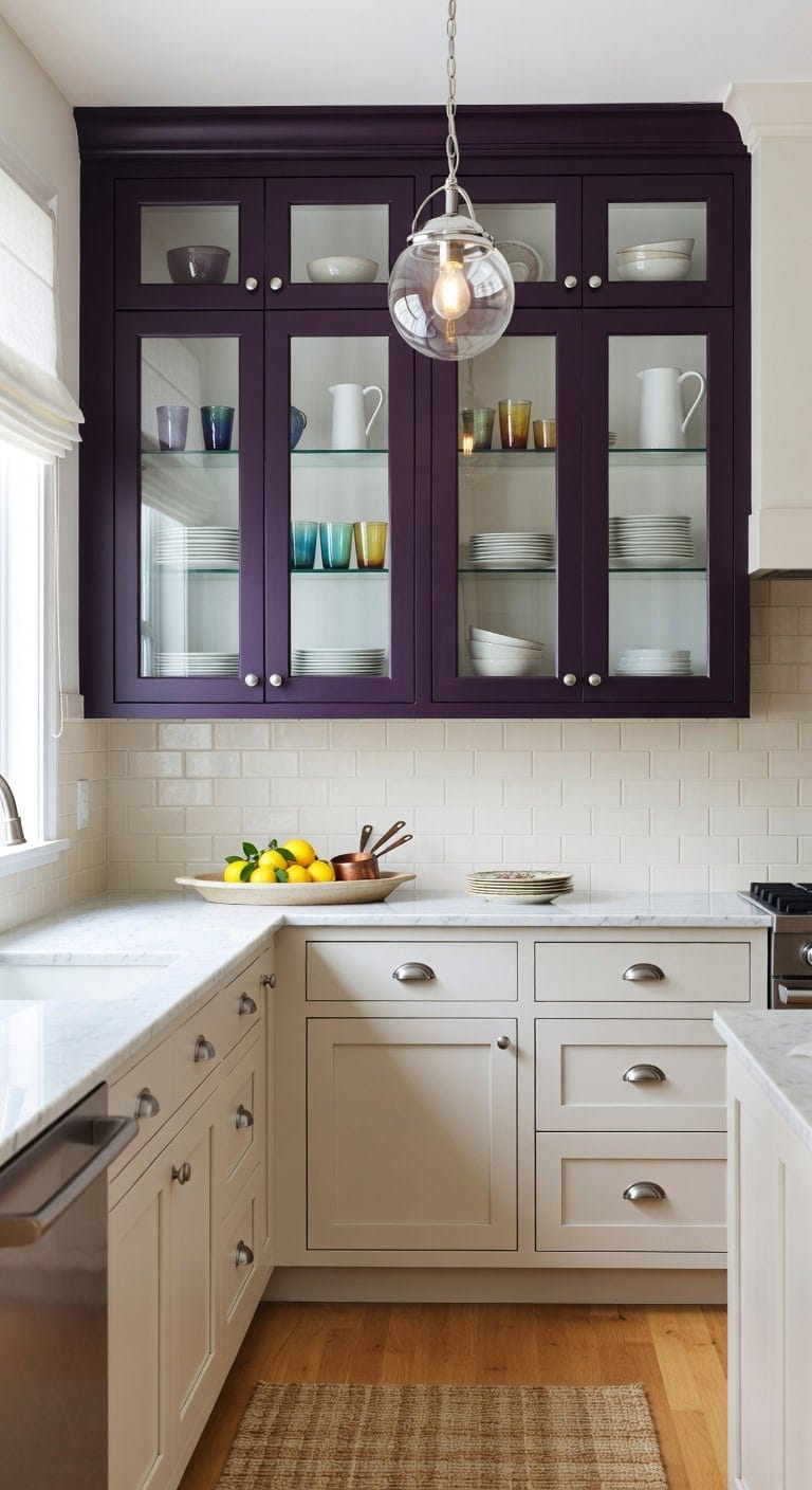 dramatic glass front purple dish display