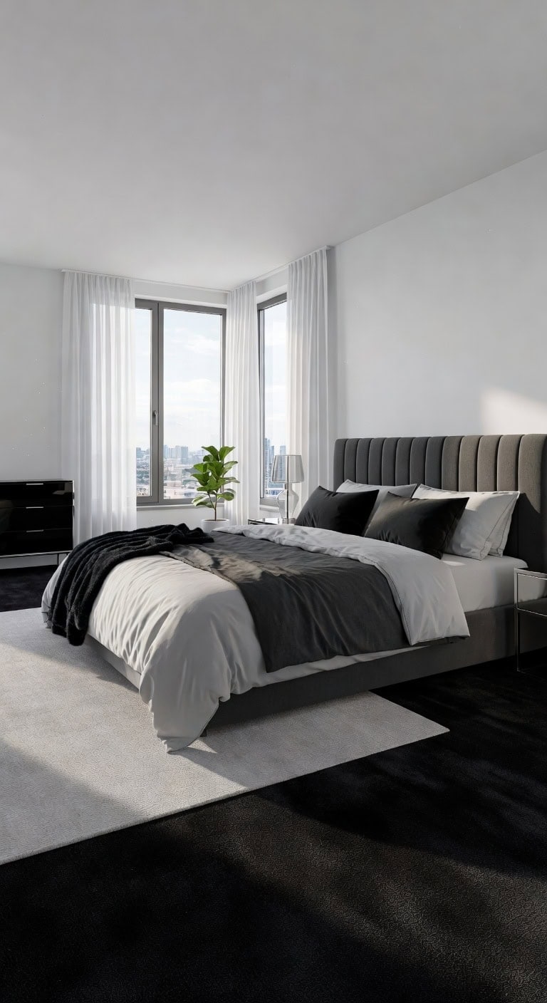 dramatic high contrast calming bedroom design