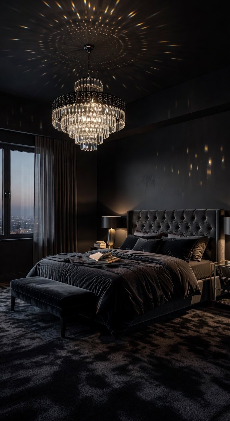 dramatic intentional opulent bedroom lighting design