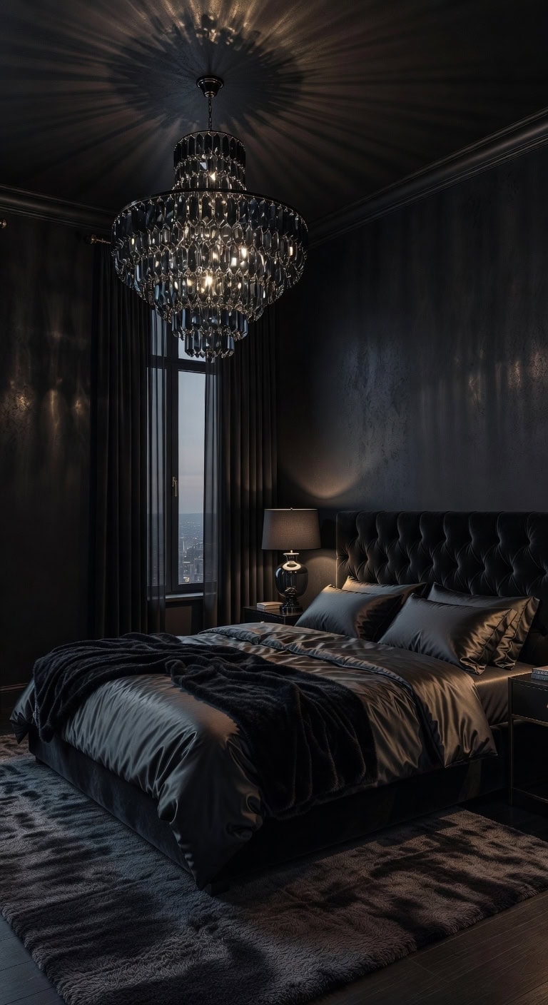 dramatic luxurious sophisticated bedroom chandelier centerpiece
