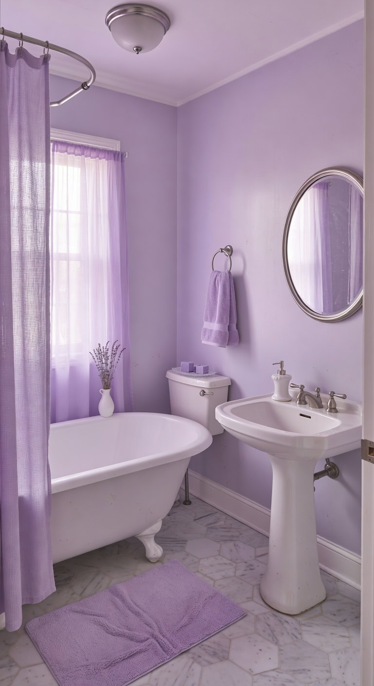 dreamy peaceful violet light bathroom retreat