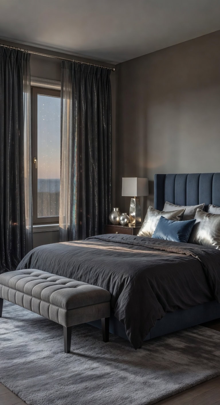 elegant charcoal bedroom with silvered accents