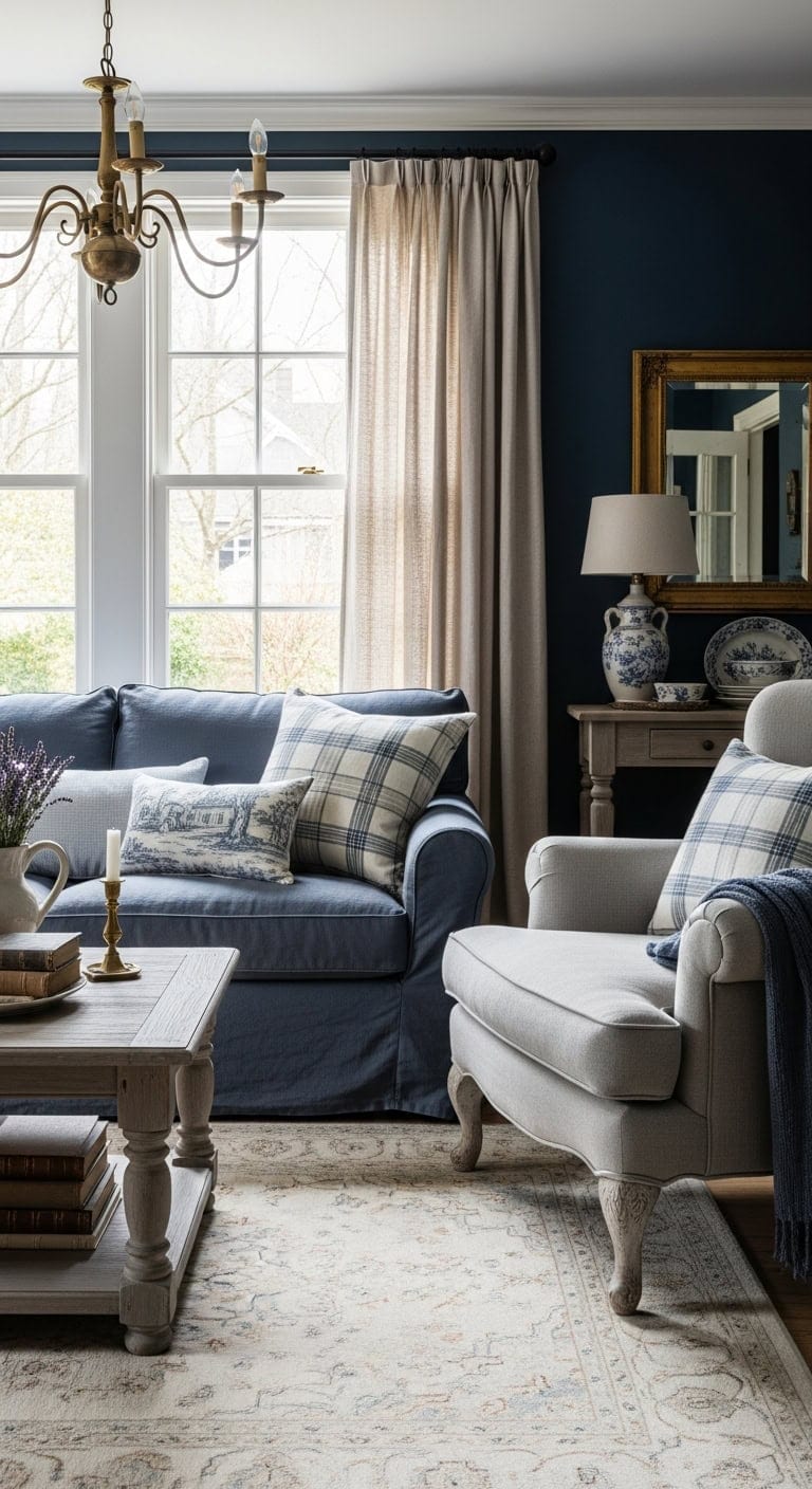 elegant french country navy living room