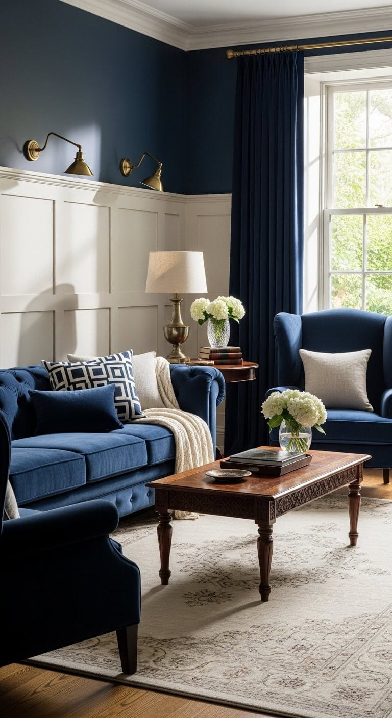 elegant navy velvet timeless wainscoting contrast