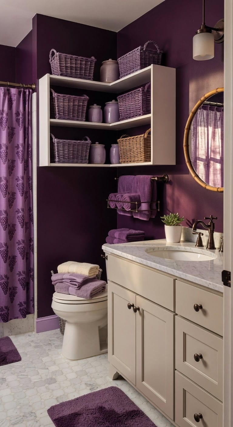 elegant organized purple toned bathroom storage