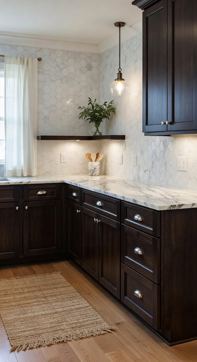 elegant timeless espresso and marble kitchen