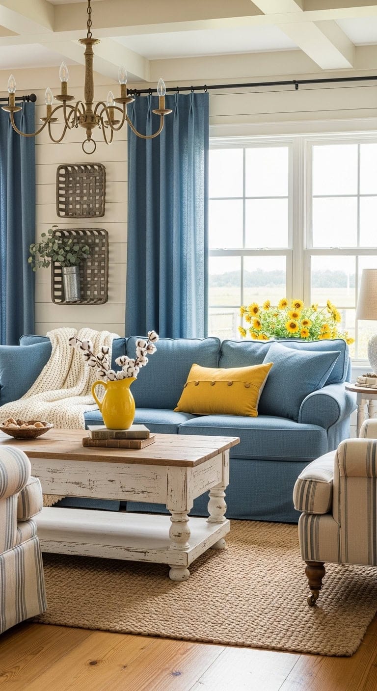 farmhouse comfort in country blue and yellow