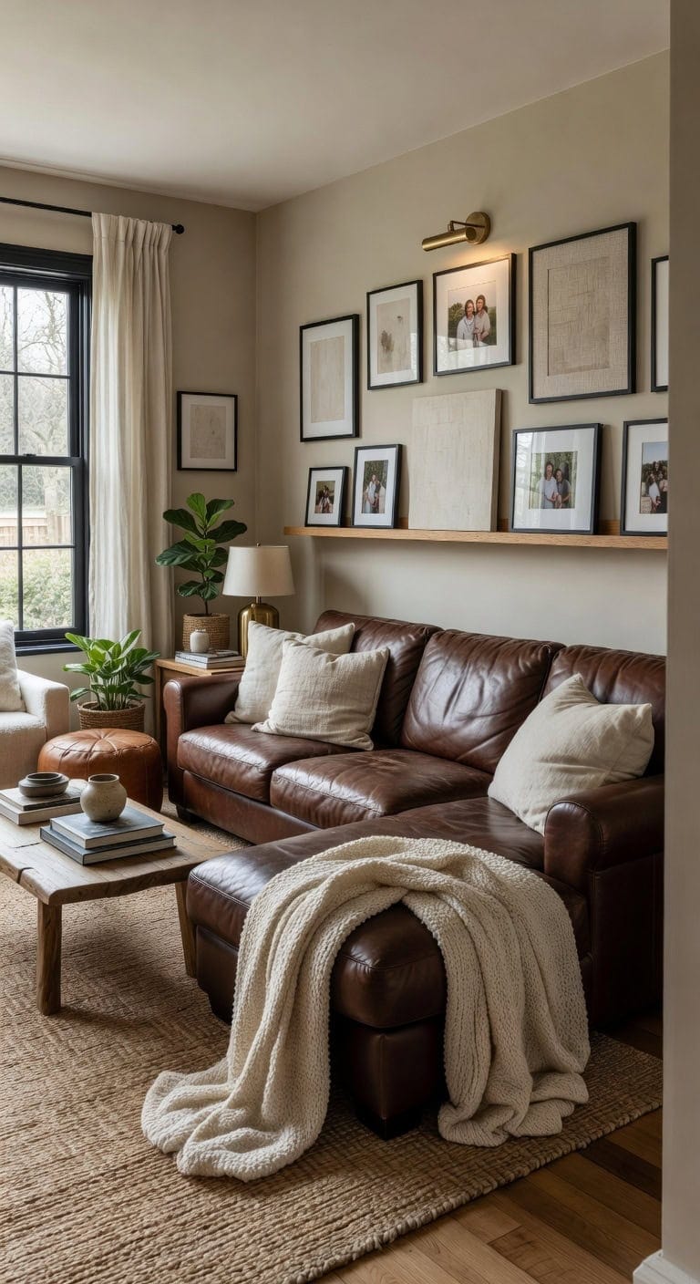 gallery wall enhances brown sectional