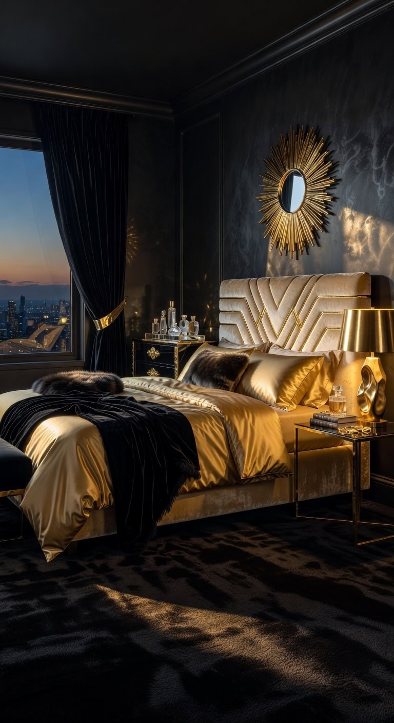 glamorous black and gold bedroom
