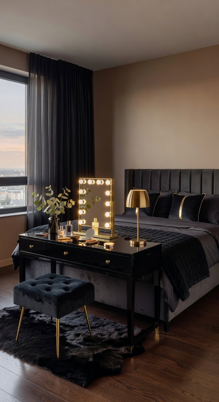 glamorous black vanity with plush seating