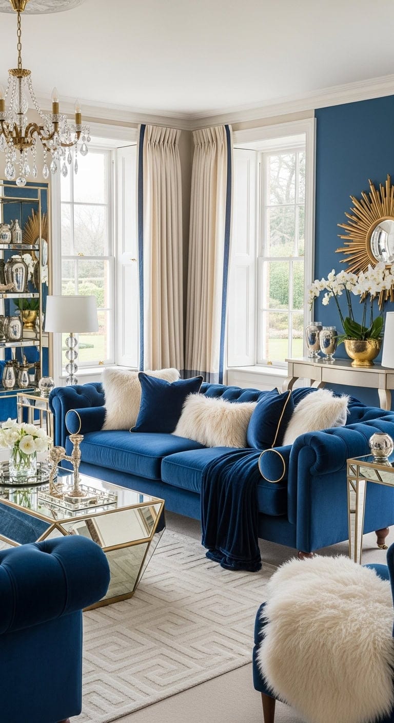 glamorous sapphire velvet living room design