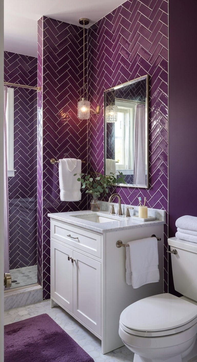 grape toned herringbone tiles classic bathroom elegance
