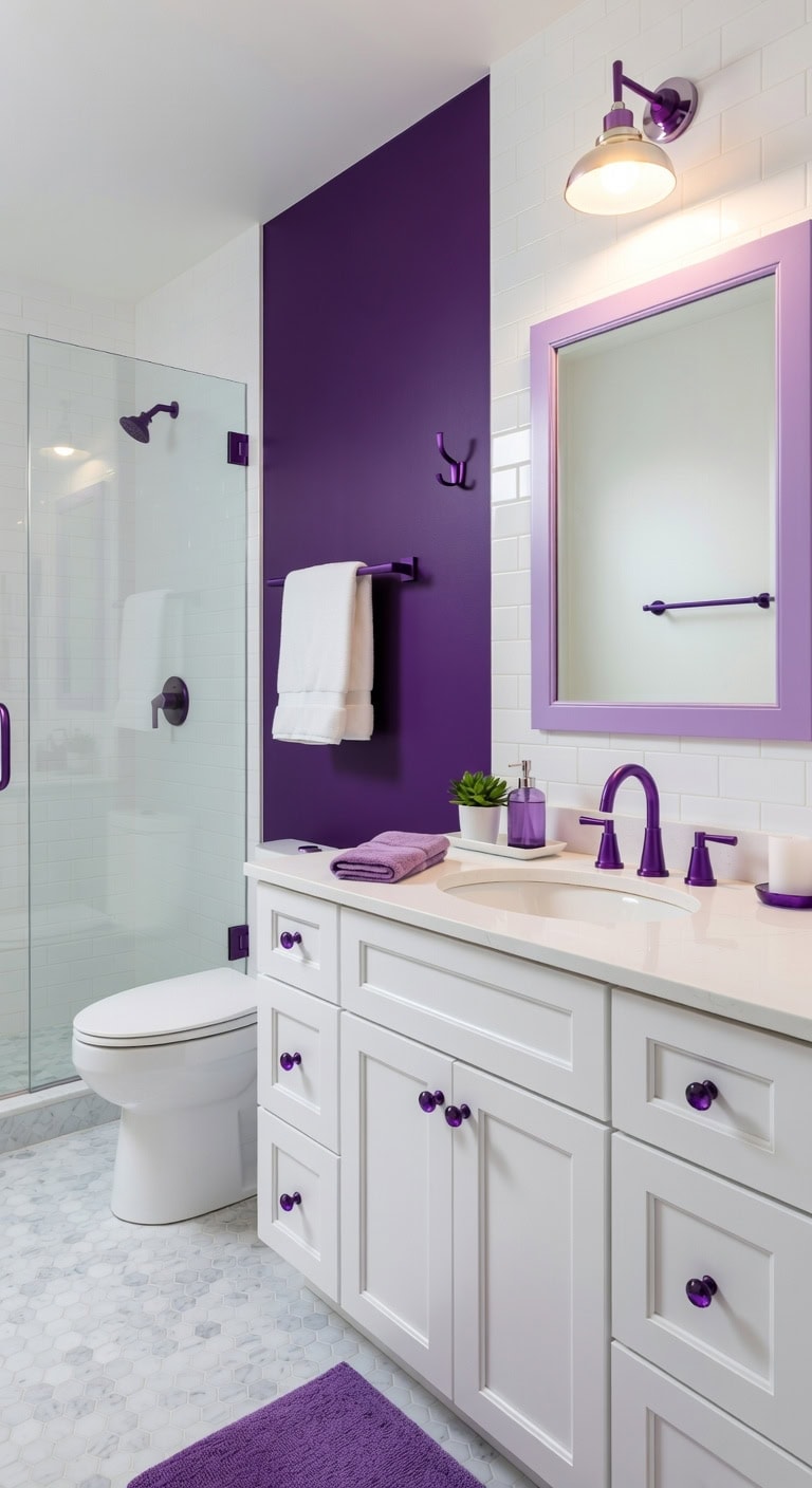 harmonious purple bathroom hardware accents
