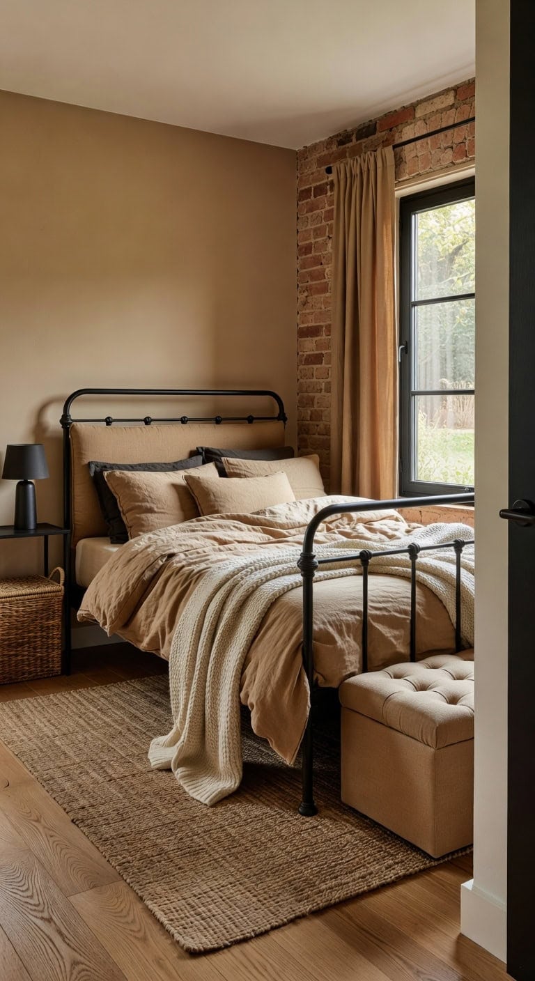intentionally cozy black and tan bedroom