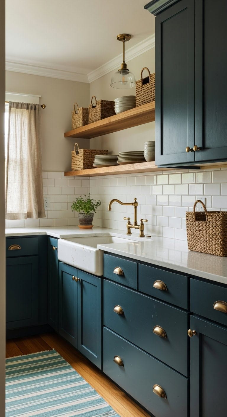 inviting teal kitchen with open shelves