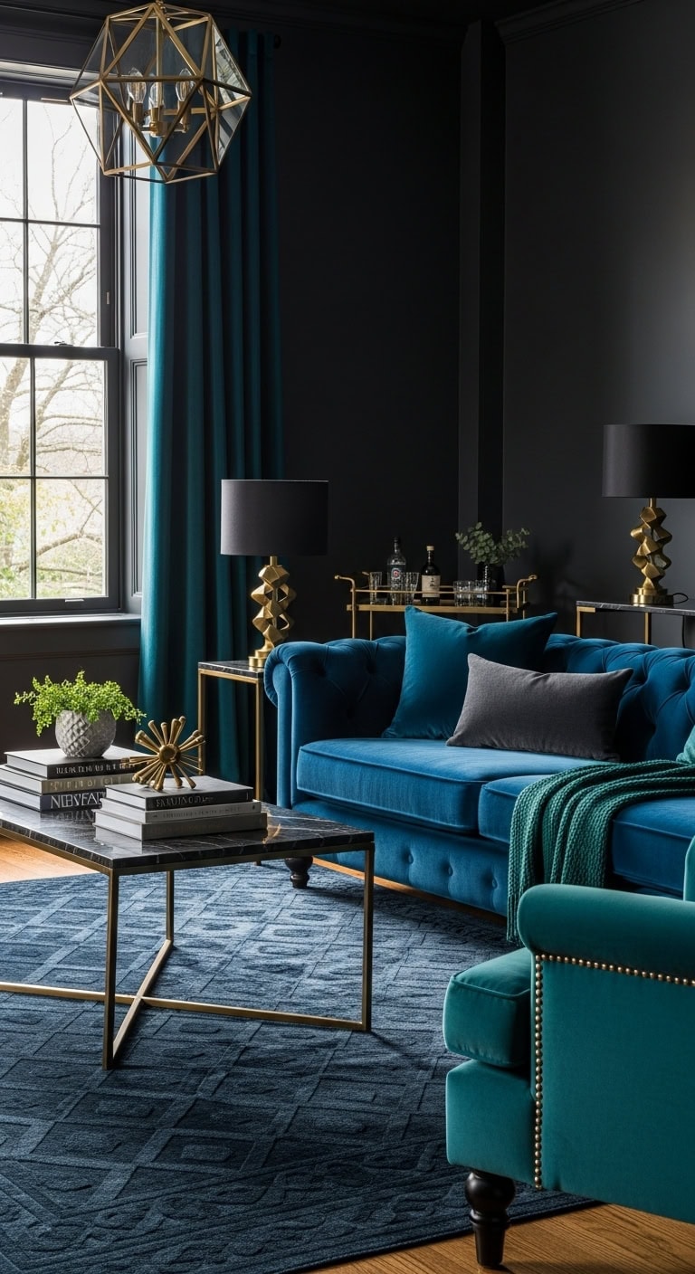 jewel toned blues charcoal anchored maximalist design