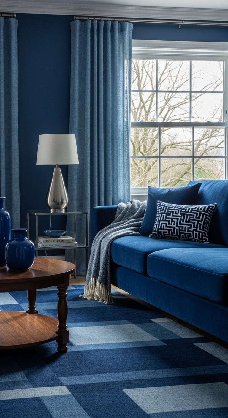 layered blue monochromatic living room design